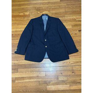 Stafford Mens Blazer Jacket Sz 46L Blue Solid 100% Wool 2 Gold Button Sport Coat